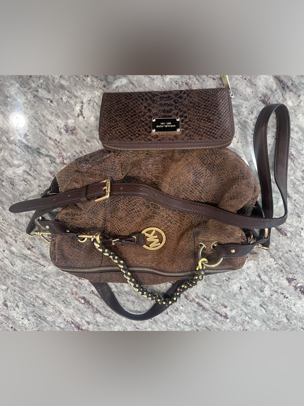 Michael Kors Brown Snakeskin-Texture Satchel with Gold Hardware matching wallet